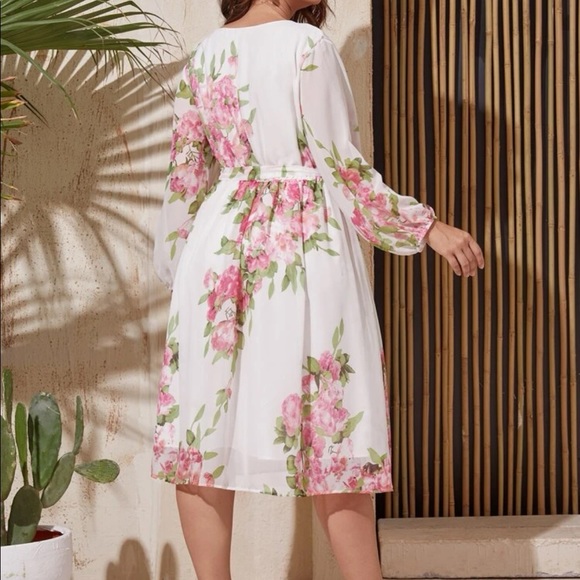 COPY - Boho plus white pink floral print wrap belted A-line dress - Picture 2 of 6